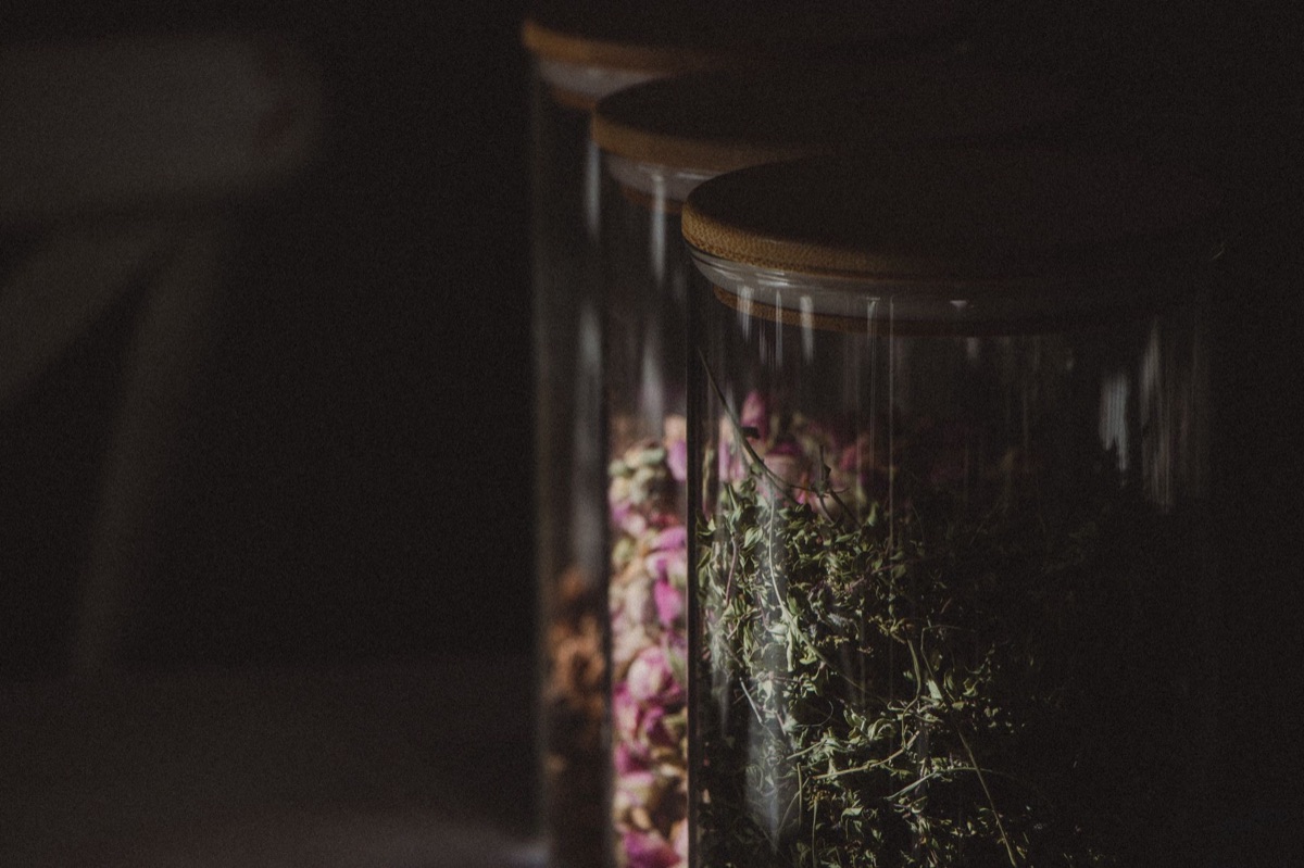 traditional Indian herb mixture in glass jar