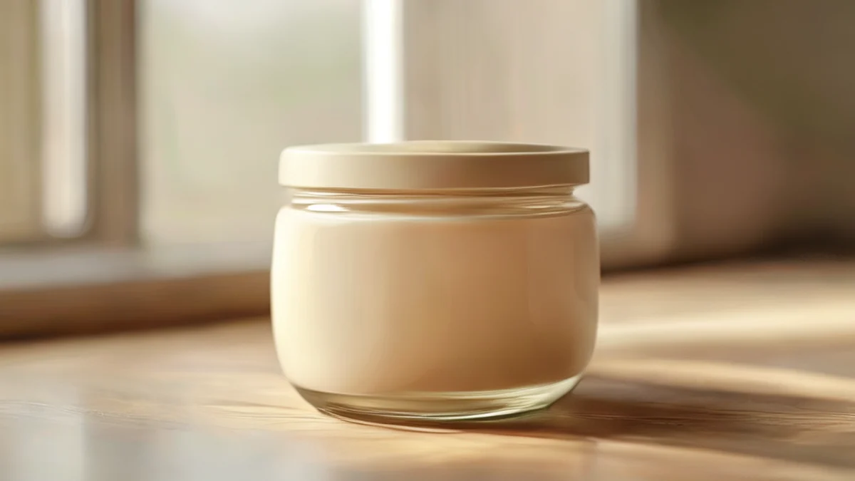 A jar with a clear glass body and a metal lid, containing a small amount of liquid.