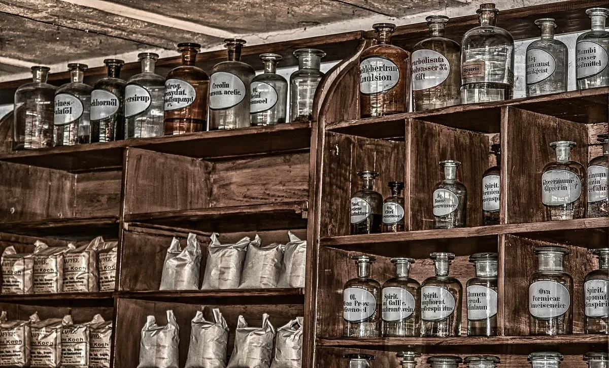 pharmacy, antique, old, chemicals, bottles, glass bottles, shelf, formerly, stock, container, bottle, drink, medicine, tools, heal, remedies